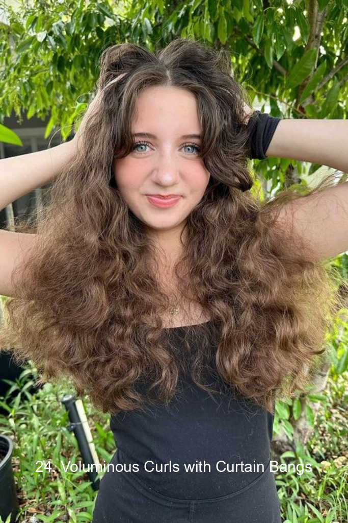 24. Voluminous Curls with Curtain Bangs