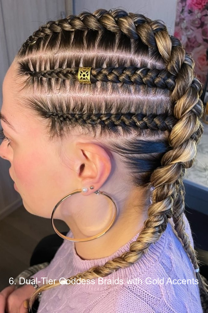 6. Dual-Tier Goddess Braids with Gold Accents